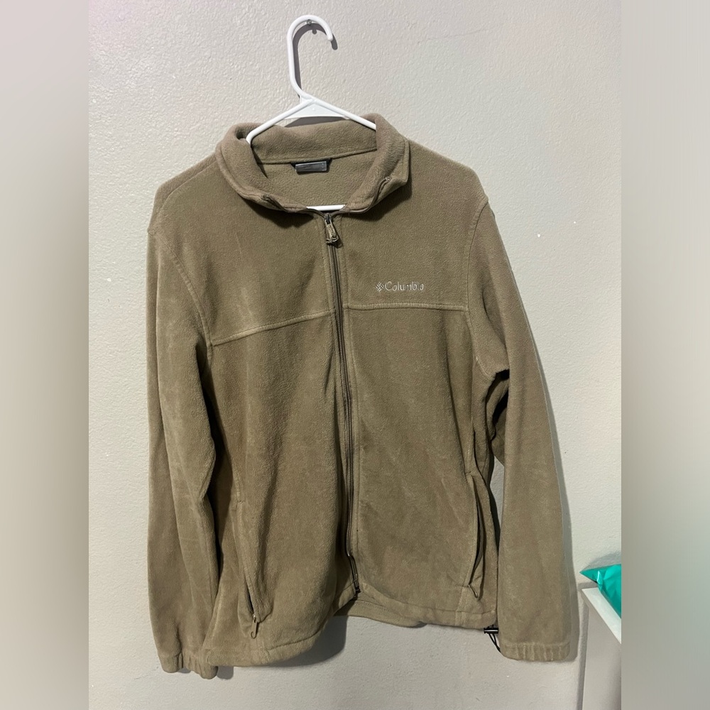 Columbia Jacket Mens L Large Beige Soft Fleece Full Zip Mock Neck Hiking Outdoor